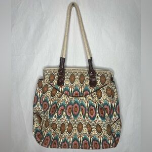 Jaclyn Smith Ikat Print‎ Tote Bag Rope Handles Multi Color Canvas Shoulder Bag